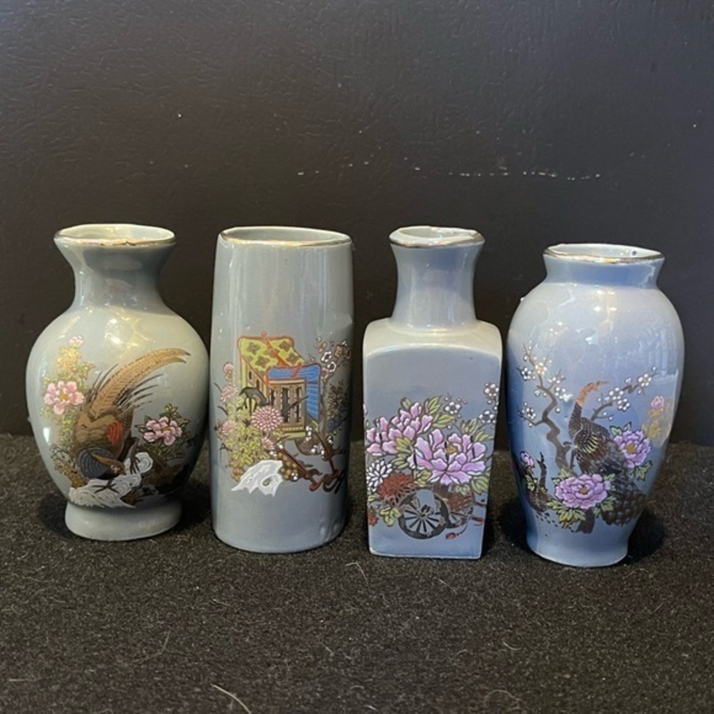 Vintage Mini Vases Gray Made in Japan Set of 4 Floral, Pagoda, Pheasants Design